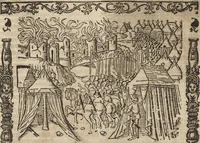 An illustration from Dits die excellente Cronike vā vlaenderē Beghinnende vā Liederick Buc den eersten Forestier tot dē laetstē, die door haer vrome feytē, namaels Grauē vā Vlaendrē ghemaect wordē, achteruolghende die rechte afcomste der voorsz grauē, tot desen onsen doorluchtichstē hoochghborē Keyser Karolo altijt v'meerder des rijcx geborē te Ghendt, etc (1531)