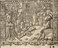 An illustration from Dits die excellente Cronike vā vlaenderē Beghinnende vā Liederick Buc den eersten Forestier tot dē laetstē, die door haer vrome feytē, namaels Grauē vā Vlaendrē ghemaect wordē, achteruolghende die rechte afcomste der voorsz grauē, tot desen onsen doorluchtichstē hoochghborē Keyser Karolo altijt v'meerder des rijcx geborē te Ghendt, etc (1531)