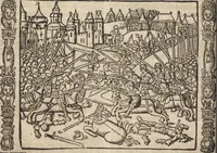 An illustration from Dits die excellente Cronike vā vlaenderē Beghinnende vā Liederick Buc den eersten Forestier tot dē laetstē, die door haer vrome feytē, namaels Grauē vā Vlaendrē ghemaect wordē, achteruolghende die rechte afcomste der voorsz grauē, tot desen onsen doorluchtichstē hoochghborē Keyser Karolo altijt v'meerder des rijcx geborē te Ghendt, etc (1531)
