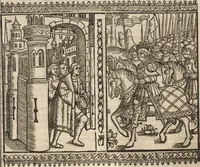 An illustration from Dits die excellente Cronike vā vlaenderē Beghinnende vā Liederick Buc den eersten Forestier tot dē laetstē, die door haer vrome feytē, namaels Grauē vā Vlaendrē ghemaect wordē, achteruolghende die rechte afcomste der voorsz grauē, tot desen onsen doorluchtichstē hoochghborē Keyser Karolo altijt v'meerder des rijcx geborē te Ghendt, etc (1531)