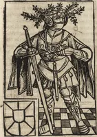 An illustration from Dits die excellente Cronike vā vlaenderē Beghinnende vā Liederick Buc den eersten Forestier tot dē laetstē, die door haer vrome feytē, namaels Grauē vā Vlaendrē ghemaect wordē, achteruolghende die rechte afcomste der voorsz grauē, tot desen onsen doorluchtichstē hoochghborē Keyser Karolo altijt v'meerder des rijcx geborē te Ghendt, etc (1531)