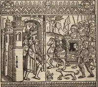 An illustration from Dits die excellente Cronike vā vlaenderē Beghinnende vā Liederick Buc den eersten Forestier tot dē laetstē, die door haer vrome feytē, namaels Grauē vā Vlaendrē ghemaect wordē, achteruolghende die rechte afcomste der voorsz grauē, tot desen onsen doorluchtichstē hoochghborē Keyser Karolo altijt v'meerder des rijcx geborē te Ghendt, etc (1531)