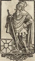 An illustration from Dits die excellente Cronike vā vlaenderē Beghinnende vā Liederick Buc den eersten Forestier tot dē laetstē, die door haer vrome feytē, namaels Grauē vā Vlaendrē ghemaect wordē, achteruolghende die rechte afcomste der voorsz grauē, tot desen onsen doorluchtichstē hoochghborē Keyser Karolo altijt v'meerder des rijcx geborē te Ghendt, etc (1531)