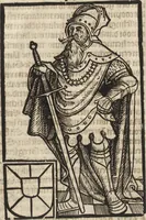 An illustration from Dits die excellente Cronike vā vlaenderē Beghinnende vā Liederick Buc den eersten Forestier tot dē laetstē, die door haer vrome feytē, namaels Grauē vā Vlaendrē ghemaect wordē, achteruolghende die rechte afcomste der voorsz grauē, tot desen onsen doorluchtichstē hoochghborē Keyser Karolo altijt v'meerder des rijcx geborē te Ghendt, etc (1531)