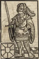 An illustration from Dits die excellente Cronike vā vlaenderē Beghinnende vā Liederick Buc den eersten Forestier tot dē laetstē, die door haer vrome feytē, namaels Grauē vā Vlaendrē ghemaect wordē, achteruolghende die rechte afcomste der voorsz grauē, tot desen onsen doorluchtichstē hoochghborē Keyser Karolo altijt v'meerder des rijcx geborē te Ghendt, etc (1531)