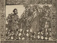 An illustration from Dits die excellente Cronike vā vlaenderē Beghinnende vā Liederick Buc den eersten Forestier tot dē laetstē, die door haer vrome feytē, namaels Grauē vā Vlaendrē ghemaect wordē, achteruolghende die rechte afcomste der voorsz grauē, tot desen onsen doorluchtichstē hoochghborē Keyser Karolo altijt v'meerder des rijcx geborē te Ghendt, etc (1531)