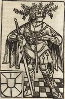 An illustration from Dits die excellente Cronike vā vlaenderē Beghinnende vā Liederick Buc den eersten Forestier tot dē laetstē, die door haer vrome feytē, namaels Grauē vā Vlaendrē ghemaect wordē, achteruolghende die rechte afcomste der voorsz grauē, tot desen onsen doorluchtichstē hoochghborē Keyser Karolo altijt v'meerder des rijcx geborē te Ghendt, etc (1531)