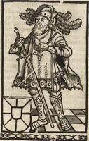 An illustration from Dits die excellente Cronike vā vlaenderē Beghinnende vā Liederick Buc den eersten Forestier tot dē laetstē, die door haer vrome feytē, namaels Grauē vā Vlaendrē ghemaect wordē, achteruolghende die rechte afcomste der voorsz grauē, tot desen onsen doorluchtichstē hoochghborē Keyser Karolo altijt v'meerder des rijcx geborē te Ghendt, etc (1531)