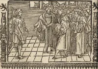An illustration from Dits die excellente Cronike vā vlaenderē Beghinnende vā Liederick Buc den eersten Forestier tot dē laetstē, die door haer vrome feytē, namaels Grauē vā Vlaendrē ghemaect wordē, achteruolghende die rechte afcomste der voorsz grauē, tot desen onsen doorluchtichstē hoochghborē Keyser Karolo altijt v'meerder des rijcx geborē te Ghendt, etc (1531)
