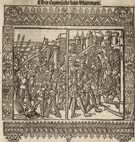 An illustration from Dits die excellente Cronike vā vlaenderē Beghinnende vā Liederick Buc den eersten Forestier tot dē laetstē, die door haer vrome feytē, namaels Grauē vā Vlaendrē ghemaect wordē, achteruolghende die rechte afcomste der voorsz grauē, tot desen onsen doorluchtichstē hoochghborē Keyser Karolo altijt v'meerder des rijcx geborē te Ghendt, etc (1531)
