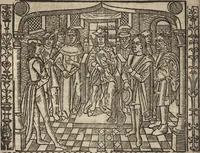 An illustration from Dits die excellente Cronike vā vlaenderē Beghinnende vā Liederick Buc den eersten Forestier tot dē laetstē, die door haer vrome feytē, namaels Grauē vā Vlaendrē ghemaect wordē, achteruolghende die rechte afcomste der voorsz grauē, tot desen onsen doorluchtichstē hoochghborē Keyser Karolo altijt v'meerder des rijcx geborē te Ghendt, etc (1531)