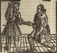 An illustration from Dits die excellente Cronike vā vlaenderē Beghinnende vā Liederick Buc den eersten Forestier tot dē laetstē, die door haer vrome feytē, namaels Grauē vā Vlaendrē ghemaect wordē, achteruolghende die rechte afcomste der voorsz grauē, tot desen onsen doorluchtichstē hoochghborē Keyser Karolo altijt v'meerder des rijcx geborē te Ghendt, etc (1531)