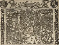 An illustration from Dits die excellente Cronike vā vlaenderē Beghinnende vā Liederick Buc den eersten Forestier tot dē laetstē, die door haer vrome feytē, namaels Grauē vā Vlaendrē ghemaect wordē, achteruolghende die rechte afcomste der voorsz grauē, tot desen onsen doorluchtichstē hoochghborē Keyser Karolo altijt v'meerder des rijcx geborē te Ghendt, etc (1531)