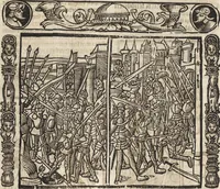 An illustration from Dits die excellente Cronike vā vlaenderē Beghinnende vā Liederick Buc den eersten Forestier tot dē laetstē, die door haer vrome feytē, namaels Grauē vā Vlaendrē ghemaect wordē, achteruolghende die rechte afcomste der voorsz grauē, tot desen onsen doorluchtichstē hoochghborē Keyser Karolo altijt v'meerder des rijcx geborē te Ghendt, etc (1531)