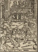 An illustration from Dits die excellente Cronike vā vlaenderē Beghinnende vā Liederick Buc den eersten Forestier tot dē laetstē, die door haer vrome feytē, namaels Grauē vā Vlaendrē ghemaect wordē, achteruolghende die rechte afcomste der voorsz grauē, tot desen onsen doorluchtichstē hoochghborē Keyser Karolo altijt v'meerder des rijcx geborē te Ghendt, etc (1531)