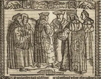 An illustration from Dits die excellente Cronike vā vlaenderē Beghinnende vā Liederick Buc den eersten Forestier tot dē laetstē, die door haer vrome feytē, namaels Grauē vā Vlaendrē ghemaect wordē, achteruolghende die rechte afcomste der voorsz grauē, tot desen onsen doorluchtichstē hoochghborē Keyser Karolo altijt v'meerder des rijcx geborē te Ghendt, etc (1531)