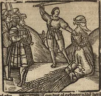 An illustration from Dits die excellente Cronike vā vlaenderē Beghinnende vā Liederick Buc den eersten Forestier tot dē laetstē, die door haer vrome feytē, namaels Grauē vā Vlaendrē ghemaect wordē, achteruolghende die rechte afcomste der voorsz grauē, tot desen onsen doorluchtichstē hoochghborē Keyser Karolo altijt v'meerder des rijcx geborē te Ghendt, etc (1531)