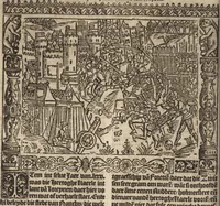 An illustration from Dits die excellente Cronike vā vlaenderē Beghinnende vā Liederick Buc den eersten Forestier tot dē laetstē, die door haer vrome feytē, namaels Grauē vā Vlaendrē ghemaect wordē, achteruolghende die rechte afcomste der voorsz grauē, tot desen onsen doorluchtichstē hoochghborē Keyser Karolo altijt v'meerder des rijcx geborē te Ghendt, etc (1531)
