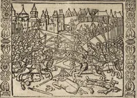 An illustration from Dits die excellente Cronike vā vlaenderē Beghinnende vā Liederick Buc den eersten Forestier tot dē laetstē, die door haer vrome feytē, namaels Grauē vā Vlaendrē ghemaect wordē, achteruolghende die rechte afcomste der voorsz grauē, tot desen onsen doorluchtichstē hoochghborē Keyser Karolo altijt v'meerder des rijcx geborē te Ghendt, etc (1531)