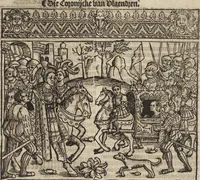 An illustration from Dits die excellente Cronike vā vlaenderē Beghinnende vā Liederick Buc den eersten Forestier tot dē laetstē, die door haer vrome feytē, namaels Grauē vā Vlaendrē ghemaect wordē, achteruolghende die rechte afcomste der voorsz grauē, tot desen onsen doorluchtichstē hoochghborē Keyser Karolo altijt v'meerder des rijcx geborē te Ghendt, etc (1531)