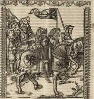 An illustration from Dits die excellente Cronike vā vlaenderē Beghinnende vā Liederick Buc den eersten Forestier tot dē laetstē, die door haer vrome feytē, namaels Grauē vā Vlaendrē ghemaect wordē, achteruolghende die rechte afcomste der voorsz grauē, tot desen onsen doorluchtichstē hoochghborē Keyser Karolo altijt v'meerder des rijcx geborē te Ghendt, etc (1531)