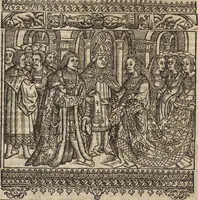 An illustration from Dits die excellente Cronike vā vlaenderē Beghinnende vā Liederick Buc den eersten Forestier tot dē laetstē, die door haer vrome feytē, namaels Grauē vā Vlaendrē ghemaect wordē, achteruolghende die rechte afcomste der voorsz grauē, tot desen onsen doorluchtichstē hoochghborē Keyser Karolo altijt v'meerder des rijcx geborē te Ghendt, etc (1531)