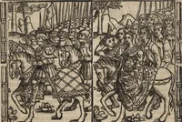 An illustration from Dits die excellente Cronike vā vlaenderē Beghinnende vā Liederick Buc den eersten Forestier tot dē laetstē, die door haer vrome feytē, namaels Grauē vā Vlaendrē ghemaect wordē, achteruolghende die rechte afcomste der voorsz grauē, tot desen onsen doorluchtichstē hoochghborē Keyser Karolo altijt v'meerder des rijcx geborē te Ghendt, etc (1531)