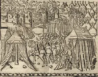 An illustration from Dits die excellente Cronike vā vlaenderē Beghinnende vā Liederick Buc den eersten Forestier tot dē laetstē, die door haer vrome feytē, namaels Grauē vā Vlaendrē ghemaect wordē, achteruolghende die rechte afcomste der voorsz grauē, tot desen onsen doorluchtichstē hoochghborē Keyser Karolo altijt v'meerder des rijcx geborē te Ghendt, etc (1531)