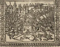 An illustration from Dits die excellente Cronike vā vlaenderē Beghinnende vā Liederick Buc den eersten Forestier tot dē laetstē, die door haer vrome feytē, namaels Grauē vā Vlaendrē ghemaect wordē, achteruolghende die rechte afcomste der voorsz grauē, tot desen onsen doorluchtichstē hoochghborē Keyser Karolo altijt v'meerder des rijcx geborē te Ghendt, etc (1531)