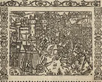 An illustration from Dits die excellente Cronike vā vlaenderē Beghinnende vā Liederick Buc den eersten Forestier tot dē laetstē, die door haer vrome feytē, namaels Grauē vā Vlaendrē ghemaect wordē, achteruolghende die rechte afcomste der voorsz grauē, tot desen onsen doorluchtichstē hoochghborē Keyser Karolo altijt v'meerder des rijcx geborē te Ghendt, etc (1531)