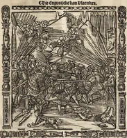 An illustration from Dits die excellente Cronike vā vlaenderē Beghinnende vā Liederick Buc den eersten Forestier tot dē laetstē, die door haer vrome feytē, namaels Grauē vā Vlaendrē ghemaect wordē, achteruolghende die rechte afcomste der voorsz grauē, tot desen onsen doorluchtichstē hoochghborē Keyser Karolo altijt v'meerder des rijcx geborē te Ghendt, etc (1531)
