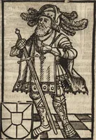 An illustration from Dits die excellente Cronike vā vlaenderē Beghinnende vā Liederick Buc den eersten Forestier tot dē laetstē, die door haer vrome feytē, namaels Grauē vā Vlaendrē ghemaect wordē, achteruolghende die rechte afcomste der voorsz grauē, tot desen onsen doorluchtichstē hoochghborē Keyser Karolo altijt v'meerder des rijcx geborē te Ghendt, etc (1531)
