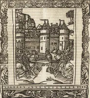 An illustration from Dits die excellente Cronike vā vlaenderē Beghinnende vā Liederick Buc den eersten Forestier tot dē laetstē, die door haer vrome feytē, namaels Grauē vā Vlaendrē ghemaect wordē, achteruolghende die rechte afcomste der voorsz grauē, tot desen onsen doorluchtichstē hoochghborē Keyser Karolo altijt v'meerder des rijcx geborē te Ghendt, etc (1531)