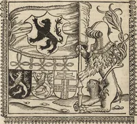 An illustration from Dits die excellente Cronike vā vlaenderē Beghinnende vā Liederick Buc den eersten Forestier tot dē laetstē, die door haer vrome feytē, namaels Grauē vā Vlaendrē ghemaect wordē, achteruolghende die rechte afcomste der voorsz grauē, tot desen onsen doorluchtichstē hoochghborē Keyser Karolo altijt v'meerder des rijcx geborē te Ghendt, etc (1531)