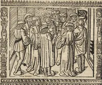 An illustration from Dits die excellente Cronike vā vlaenderē Beghinnende vā Liederick Buc den eersten Forestier tot dē laetstē, die door haer vrome feytē, namaels Grauē vā Vlaendrē ghemaect wordē, achteruolghende die rechte afcomste der voorsz grauē, tot desen onsen doorluchtichstē hoochghborē Keyser Karolo altijt v'meerder des rijcx geborē te Ghendt, etc (1531)