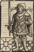 An illustration from Dits die excellente Cronike vā vlaenderē Beghinnende vā Liederick Buc den eersten Forestier tot dē laetstē, die door haer vrome feytē, namaels Grauē vā Vlaendrē ghemaect wordē, achteruolghende die rechte afcomste der voorsz grauē, tot desen onsen doorluchtichstē hoochghborē Keyser Karolo altijt v'meerder des rijcx geborē te Ghendt, etc (1531)