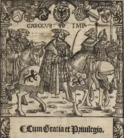 An illustration from Dits die excellente Cronike vā vlaenderē Beghinnende vā Liederick Buc den eersten Forestier tot dē laetstē, die door haer vrome feytē, namaels Grauē vā Vlaendrē ghemaect wordē, achteruolghende die rechte afcomste der voorsz grauē, tot desen onsen doorluchtichstē hoochghborē Keyser Karolo altijt v'meerder des rijcx geborē te Ghendt, etc (1531)