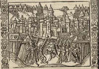 An illustration from Dits die excellente Cronike vā vlaenderē Beghinnende vā Liederick Buc den eersten Forestier tot dē laetstē, die door haer vrome feytē, namaels Grauē vā Vlaendrē ghemaect wordē, achteruolghende die rechte afcomste der voorsz grauē, tot desen onsen doorluchtichstē hoochghborē Keyser Karolo altijt v'meerder des rijcx geborē te Ghendt, etc (1531)