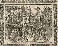 An illustration from Dits die excellente Cronike vā vlaenderē Beghinnende vā Liederick Buc den eersten Forestier tot dē laetstē, die door haer vrome feytē, namaels Grauē vā Vlaendrē ghemaect wordē, achteruolghende die rechte afcomste der voorsz grauē, tot desen onsen doorluchtichstē hoochghborē Keyser Karolo altijt v'meerder des rijcx geborē te Ghendt, etc (1531)
