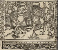 An illustration from Dits die excellente Cronike vā vlaenderē Beghinnende vā Liederick Buc den eersten Forestier tot dē laetstē, die door haer vrome feytē, namaels Grauē vā Vlaendrē ghemaect wordē, achteruolghende die rechte afcomste der voorsz grauē, tot desen onsen doorluchtichstē hoochghborē Keyser Karolo altijt v'meerder des rijcx geborē te Ghendt, etc (1531)
