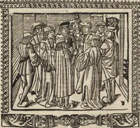An illustration from Dits die excellente Cronike vā vlaenderē Beghinnende vā Liederick Buc den eersten Forestier tot dē laetstē, die door haer vrome feytē, namaels Grauē vā Vlaendrē ghemaect wordē, achteruolghende die rechte afcomste der voorsz grauē, tot desen onsen doorluchtichstē hoochghborē Keyser Karolo altijt v'meerder des rijcx geborē te Ghendt, etc (1531)
