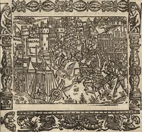 An illustration from Dits die excellente Cronike vā vlaenderē Beghinnende vā Liederick Buc den eersten Forestier tot dē laetstē, die door haer vrome feytē, namaels Grauē vā Vlaendrē ghemaect wordē, achteruolghende die rechte afcomste der voorsz grauē, tot desen onsen doorluchtichstē hoochghborē Keyser Karolo altijt v'meerder des rijcx geborē te Ghendt, etc (1531)