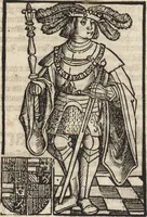 An illustration from Dits die excellente Cronike vā vlaenderē Beghinnende vā Liederick Buc den eersten Forestier tot dē laetstē, die door haer vrome feytē, namaels Grauē vā Vlaendrē ghemaect wordē, achteruolghende die rechte afcomste der voorsz grauē, tot desen onsen doorluchtichstē hoochghborē Keyser Karolo altijt v'meerder des rijcx geborē te Ghendt, etc (1531)
