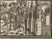 An illustration from Dits die excellente Cronike vā vlaenderē Beghinnende vā Liederick Buc den eersten Forestier tot dē laetstē, die door haer vrome feytē, namaels Grauē vā Vlaendrē ghemaect wordē, achteruolghende die rechte afcomste der voorsz grauē, tot desen onsen doorluchtichstē hoochghborē Keyser Karolo altijt v'meerder des rijcx geborē te Ghendt, etc (1531)