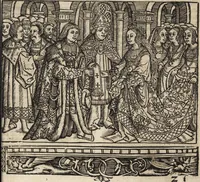 An illustration from Dits die excellente Cronike vā vlaenderē Beghinnende vā Liederick Buc den eersten Forestier tot dē laetstē, die door haer vrome feytē, namaels Grauē vā Vlaendrē ghemaect wordē, achteruolghende die rechte afcomste der voorsz grauē, tot desen onsen doorluchtichstē hoochghborē Keyser Karolo altijt v'meerder des rijcx geborē te Ghendt, etc (1531)