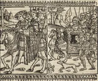An illustration from Dits die excellente Cronike vā vlaenderē Beghinnende vā Liederick Buc den eersten Forestier tot dē laetstē, die door haer vrome feytē, namaels Grauē vā Vlaendrē ghemaect wordē, achteruolghende die rechte afcomste der voorsz grauē, tot desen onsen doorluchtichstē hoochghborē Keyser Karolo altijt v'meerder des rijcx geborē te Ghendt, etc (1531)