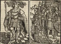 An illustration from Dits die excellente Cronike vā vlaenderē Beghinnende vā Liederick Buc den eersten Forestier tot dē laetstē, die door haer vrome feytē, namaels Grauē vā Vlaendrē ghemaect wordē, achteruolghende die rechte afcomste der voorsz grauē, tot desen onsen doorluchtichstē hoochghborē Keyser Karolo altijt v'meerder des rijcx geborē te Ghendt, etc (1531)