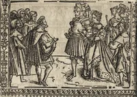 An illustration from Dits die excellente Cronike vā vlaenderē Beghinnende vā Liederick Buc den eersten Forestier tot dē laetstē, die door haer vrome feytē, namaels Grauē vā Vlaendrē ghemaect wordē, achteruolghende die rechte afcomste der voorsz grauē, tot desen onsen doorluchtichstē hoochghborē Keyser Karolo altijt v'meerder des rijcx geborē te Ghendt, etc (1531)