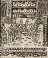 An illustration from Dits die excellente Cronike vā vlaenderē Beghinnende vā Liederick Buc den eersten Forestier tot dē laetstē, die door haer vrome feytē, namaels Grauē vā Vlaendrē ghemaect wordē, achteruolghende die rechte afcomste der voorsz grauē, tot desen onsen doorluchtichstē hoochghborē Keyser Karolo altijt v'meerder des rijcx geborē te Ghendt, etc (1531)