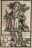 An illustration from Dits die excellente Cronike vā vlaenderē Beghinnende vā Liederick Buc den eersten Forestier tot dē laetstē, die door haer vrome feytē, namaels Grauē vā Vlaendrē ghemaect wordē, achteruolghende die rechte afcomste der voorsz grauē, tot desen onsen doorluchtichstē hoochghborē Keyser Karolo altijt v'meerder des rijcx geborē te Ghendt, etc (1531)